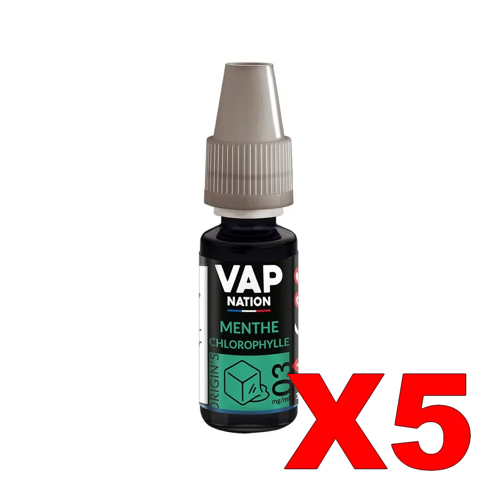 E-LIQUIDE VAP-NATION ORIGINS 10ML 50-50 MENTHE-CHLOROPHYLLE X5 2 E LIQUIDE VAP NATION ORIGINS 10ML 50 50 MENTHE CHLOROPHYLLE X5 Taux de nicotine 3